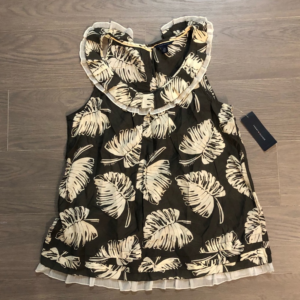 TOMMY HILFIGER NWT Brown & Cream Leaf Frill Shirt